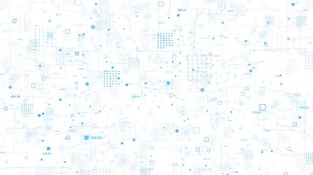 Pale blue squares, circles dotted grids form pattern joined by fine angular lines numerical values. light digital background combines geometric shapes data motifs for technology videos presentations.