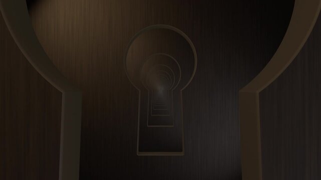 Keyhole tunnel, endless zoom through nested keyholes, seamless 3d animation loop, dark wood texture, infinite perspective, secret, mystery and privacy concept