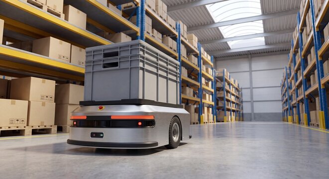 Autonomous mobile robot moving crate in warehouse logistics center
