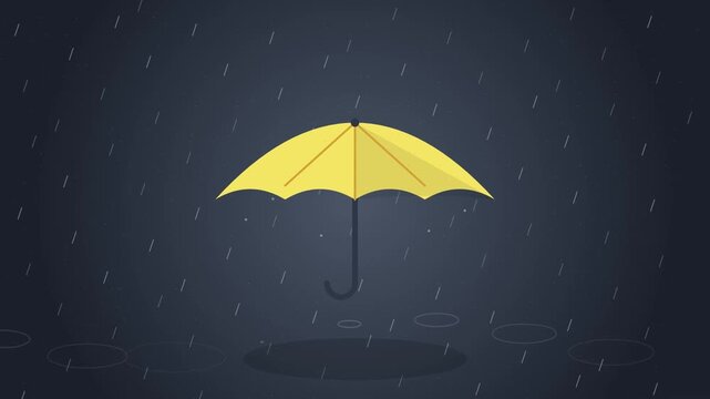 Yellow umbrella floating in heavy rain with dark background
