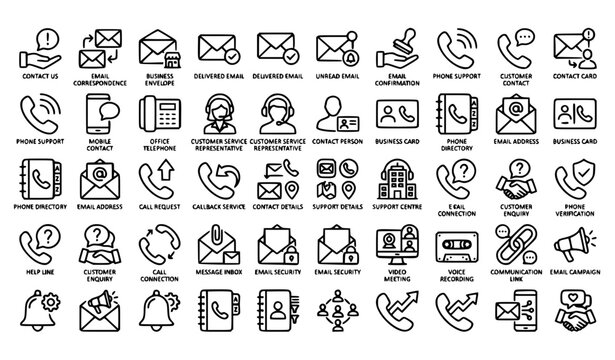 Business Contact and Customer Support Line Icon Set Featuring Email Correspondence, Phone Calls and Communication Services