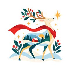 Elegant Winter Deer isolated Silhouette with Red Ribbon, Holly Berries and Snowy Landscape Artwork © Kasatka