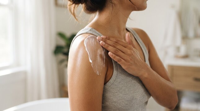 Woman applying white moisturizing lotion on her bare shoulder at home