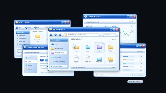 A collection of retro computer operating system user interface windows with blue folders and icons.