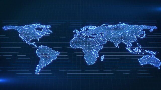 Blue continents points connecting lines digitally connected world. map digital grid international business, telecommunications, global data exchange, corporate reports, online service presentations.