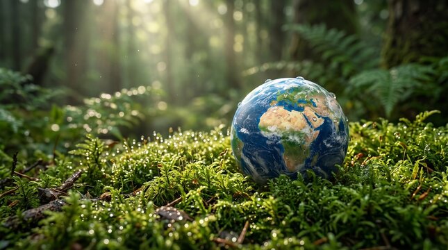 Earth globe resting on green mossy forest floor, environmental conservation concept, planet earth in lush woodland with sunbeams