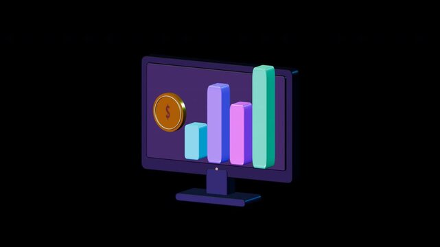 Luminous neon columns rise from an obsidian monitor beside a polished gold coin in an eight second transparent 3D loop.