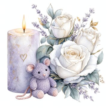 Watercolor Lit Candle with Toy Mouse and White Roses