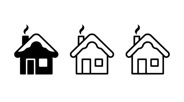 Winter house icon set, snowy cottage with chimney smoke symbols for seasonal design and holiday concepts