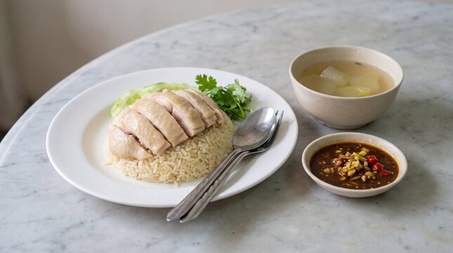 Thai chicken rice with ginger soybean sauce and winter melon soup