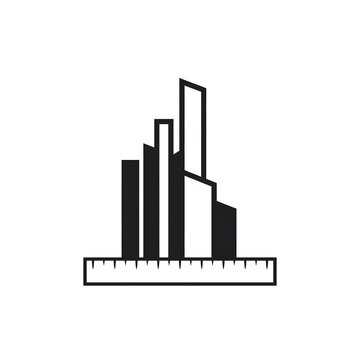 Minimalist conceptual architect logo combining a geometric T square ruler with an abstract building skyline, clean vector art isolated on white background.