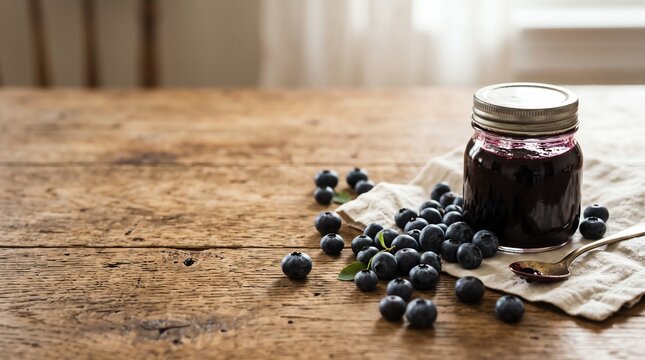 homemade blueberry jam jar with fresh berries on rustic wooden table background