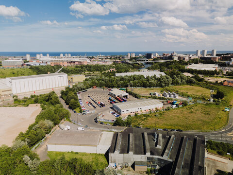 Sunderland UK: 27th June 2026: Drone view of Sunderland bus depot with Stadium of Light and city in backdrop