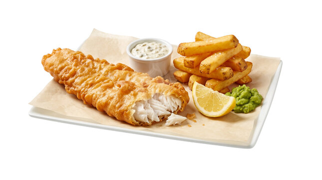Traditional golden battered fish and chips, crispy deep fried cod with thick cut fries, classic pub meal with tartar sauce and mushy peas isolated PNG with Transparent Background