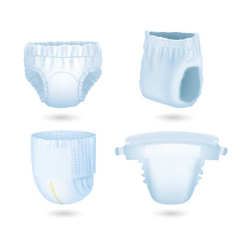 Set of white baby diapers showing different angles and designs transparent background