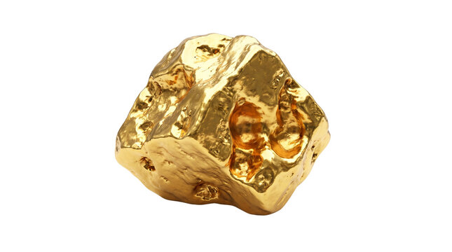 Raw gold nugget with textured surface, shiny precious metal specimen, natural golden mineral rock for finance and wealth concepts isolated PNG with Transparent Background