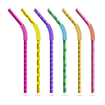 Set of colorful plastic drinking straws with various patterns isolated on white transparent background