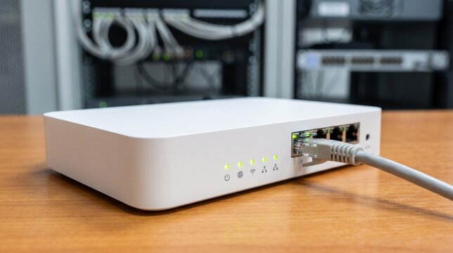 Modern white internet router with connected ethernet cable on a wooden desk in an office environment