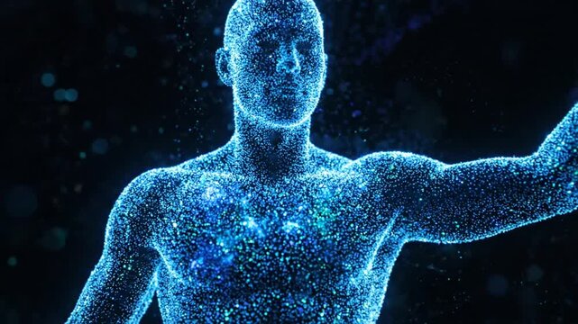 Abstract blue human figure composed of glowing digital particles