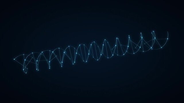 Wireframe DNA double helix loop, glowing cyan 3D strands with connected base pairs rotating, genetics and biotechnology science background for medical and research video