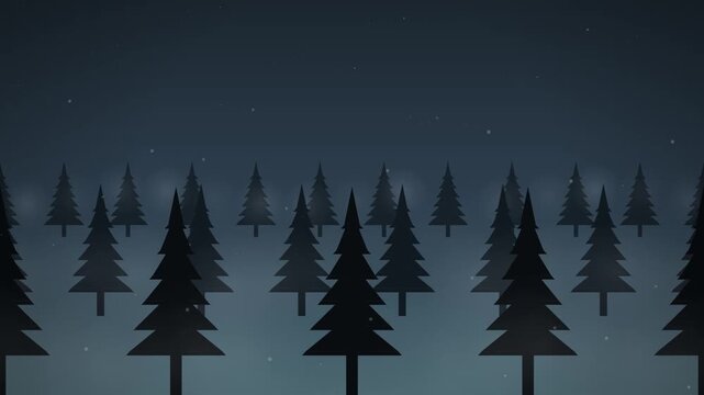 Dark pine forest winter night snow falling minimalist vector animation loop