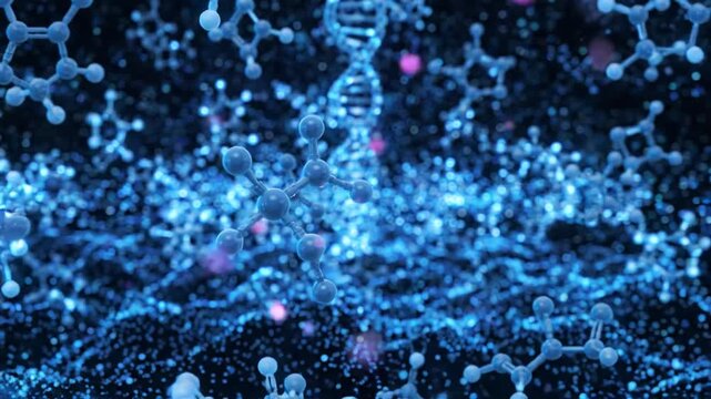 Glowing blue DNA double helix and molecular structures 3D render