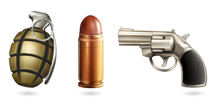 Set of military hand grenade bullet and revolver handgun isolated on white background transparent background