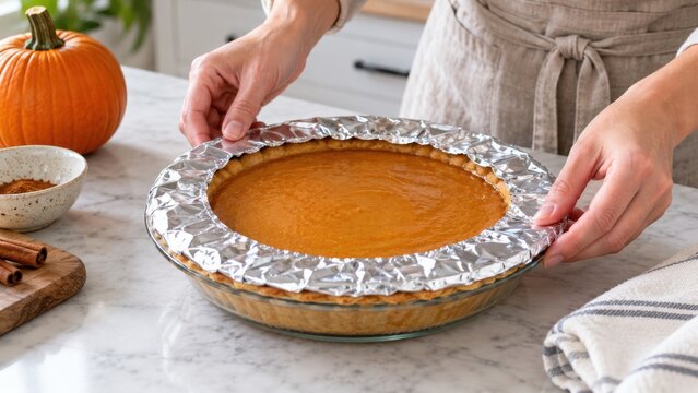 Pumpkin pie in a ceramic dish with foil covered crust held by hands on a kitchen counter beside a pumpkin and baking ingredients