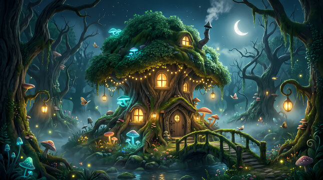 enchanted fairy tale tree trunk house with leafy green roof in mysterious deep forest at night magical fantasy woodland cottage whimsical storybook home