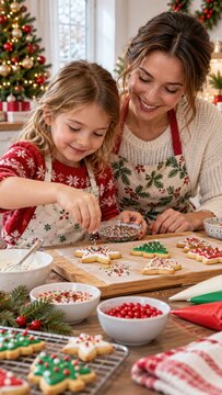 Mother and daughter decorating Christmas cookies together in a cozy kitchen with festive tree, wreath, baking ingredients and holiday treats, vertical family scene