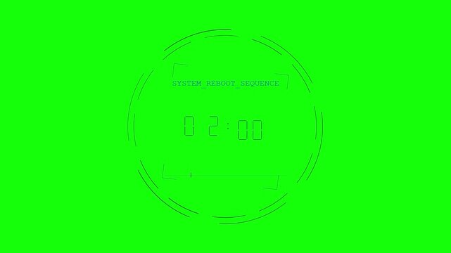 Digital system reboot countdown timer on a solid green background