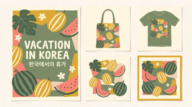 korean melon watermelon vector illustration set summer abstract fruit poster with hand drawn leaves flowers trendy korea vacation design for t shirt card cover wall decor