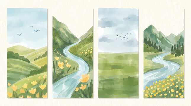 abstract green summer landscape vector set watercolor nature wallpaper with mountain field yellow flowers blue sky birds and river for cover wall art and decoration