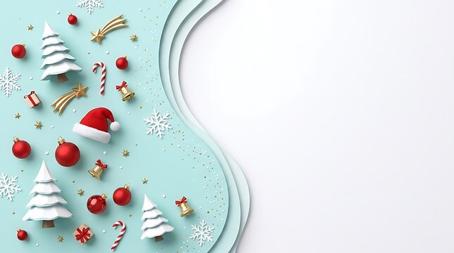 Christmas ornaments and miniature trees on a pale blue and white background
