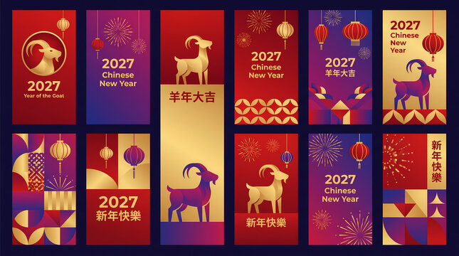 chinese new year 2027 year of the goat geometric vertical banners social media templates modern vector gradient design set