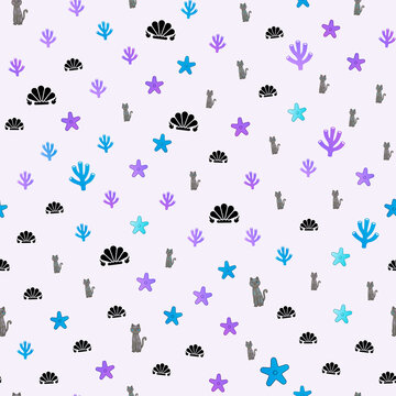 Seamless pattern of cats, seashells, starfish, and coral
