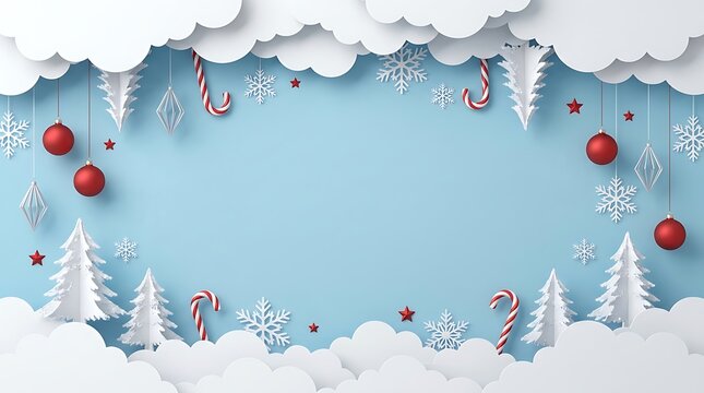 Winter holiday scene with paper snowflakes candy canes and christmas trees