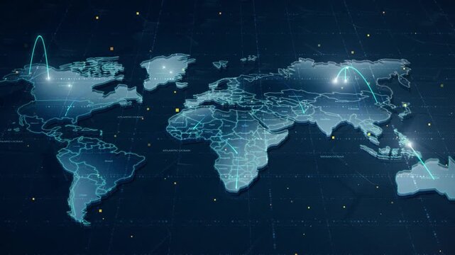 Global communication network and internet connectivity data transfer illustration over a digital world map