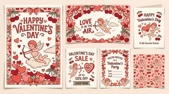 valentine s day poster greeting card template set hand drawn cupid cherries sweet hearts typography design romantic background pattern for invitations sale promotions