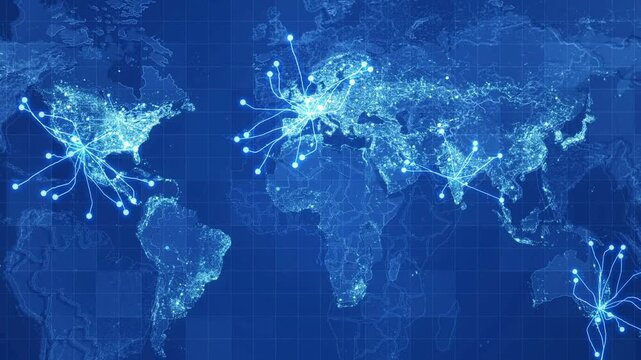 Global digital communication network and world map showing international data connections and technology infrastructure in blue tones