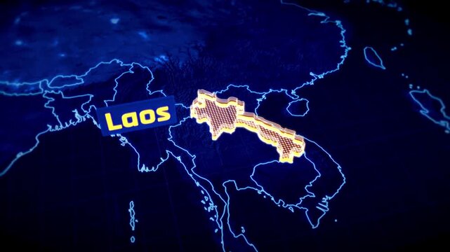 3D stylized world map focusing on Laos with glowing borders and country label on a futuristic digital background