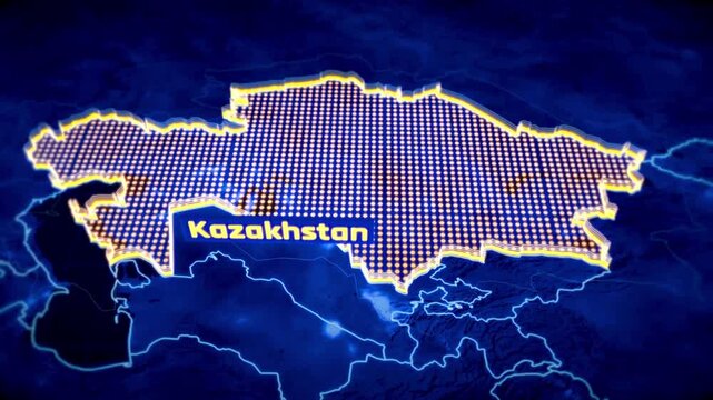 Digital map of Kazakhstan with glowing borders and abstract technology background for global data concepts