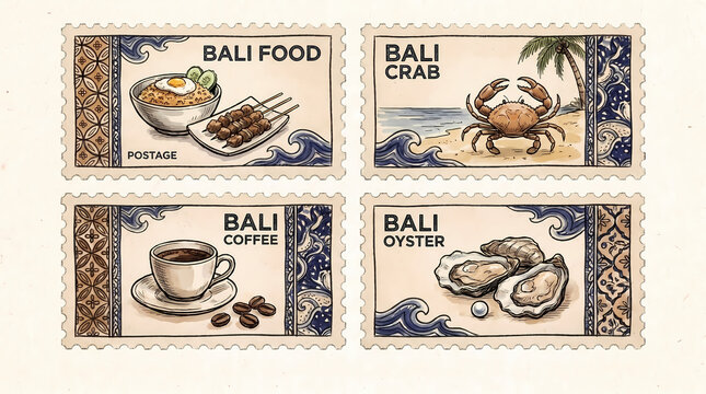 hand drawn bali vacation post stamps with crab coffee oyster and batik tropical beach elements for poster postcard and placard prints