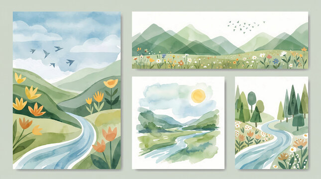 abstract green summer landscape vector set watercolor nature wallpaper with mountain field yellow flowers blue sky river birds for cover wall art decoration