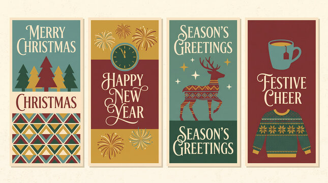 retro christmas new year poster vector set trendy holiday illustrations with fir trees patterns elegant typography for social media festive branding