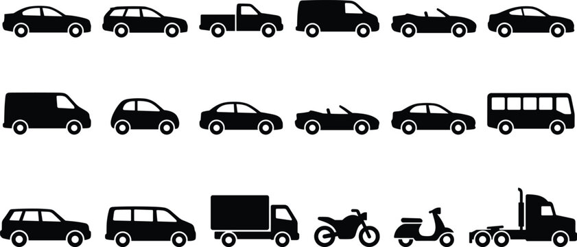 Car vehicle transport silhouette icon vector set featuring side view automobile models sedan suv pickup truck cargo van motorcycle bus and logistics elements
