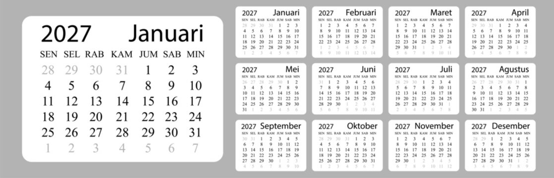 Indonesian Calendar 2027 Template with Javanese Weton Dates. Weeks starts on Monday. Vector Illustration