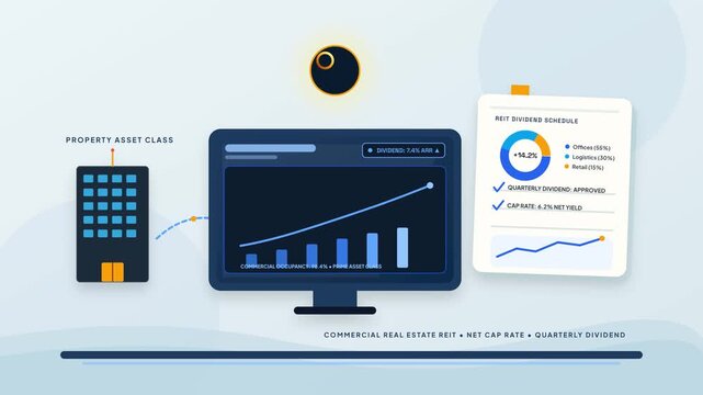 2D flat vector editorial motion graphic of commercial real estate investment trusts (REIT), high-rise property assets, rental dividend yield, and capital appreciation.