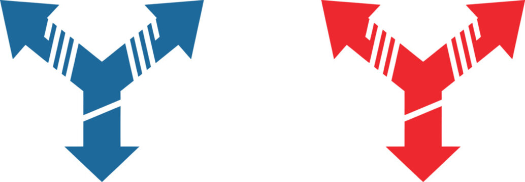 Blue and red triple arrow icons pointing in three different directions as a modern web symbol