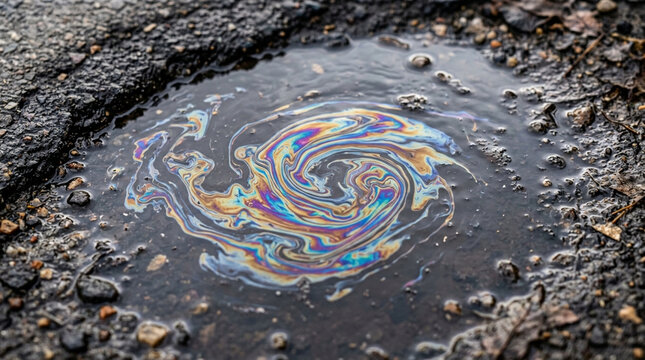 Iridescent Oil Slick Swirl in Puddle on Asphalt Road
